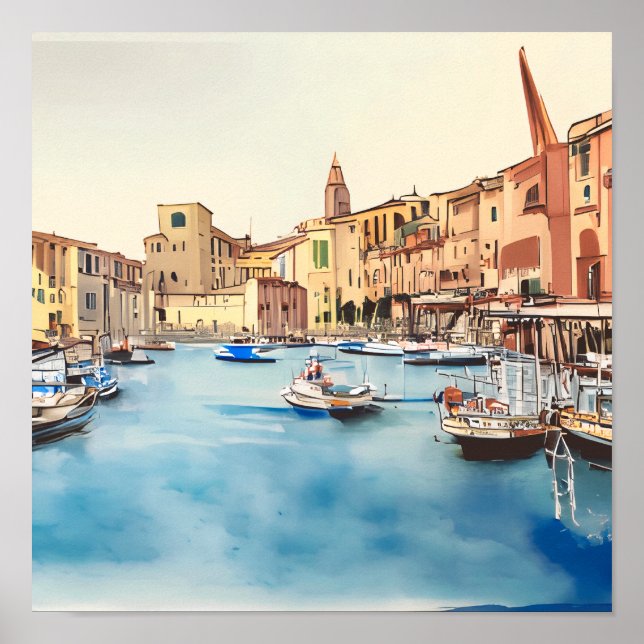 Poster Frente De Água E Barcos No Porto, Italiano (Frente)