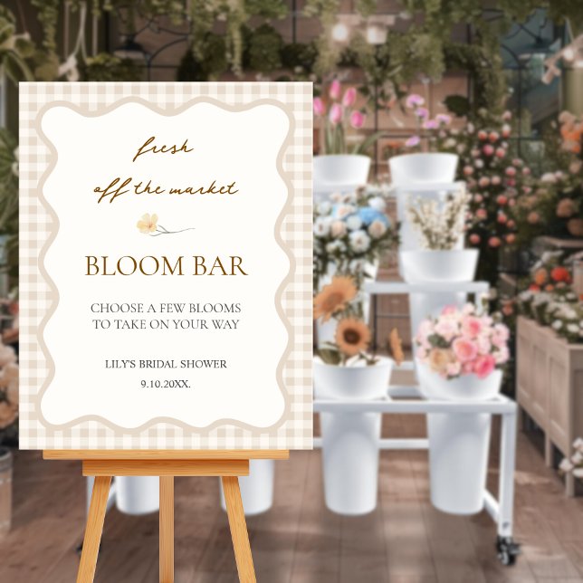 Poster Fresco do Bar Bloom do Chá de panela de Mercado (fresh off the market bloom bar sign for bridal shower)