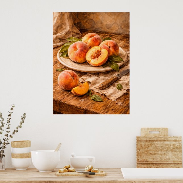Poster Fresh Peaches on Wood a Rustic Still Life (Cozinha)