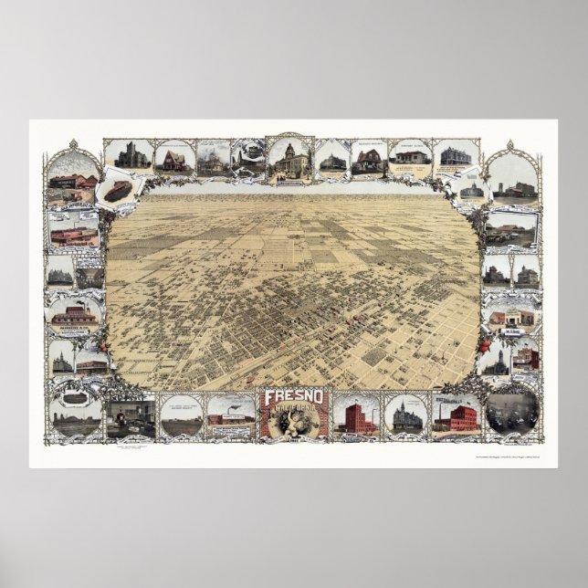 Poster Fresno, Mapa Panorâmico da CA - 1901 (Frente)