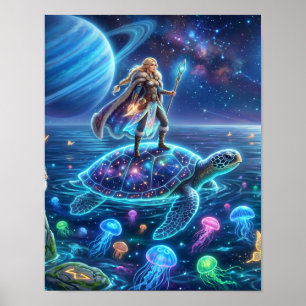 Poster Freya Cavalga a Tartaruga do Mundo-Arte Fantástica