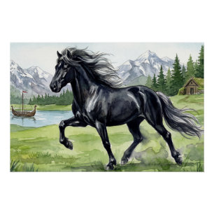 Pôster Freydis Black Cavalo Islandês em Paisagem Nórdica
