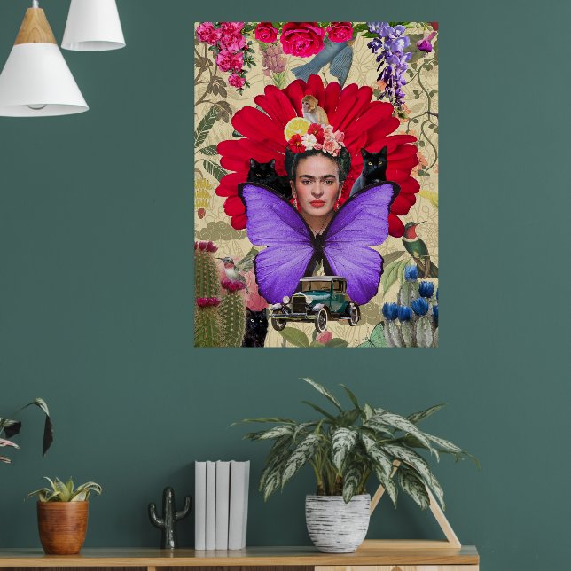 Poster Frida Kahlo Cat Monkey Colagem Floral Colorida (Sala de Estar 1)