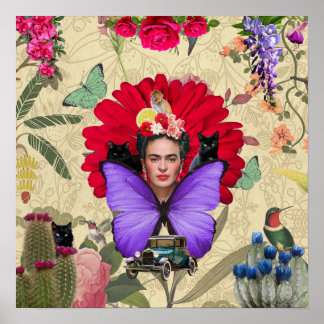 Poster Frida Kahlo Cat Monkey Colagem Floral Colorida