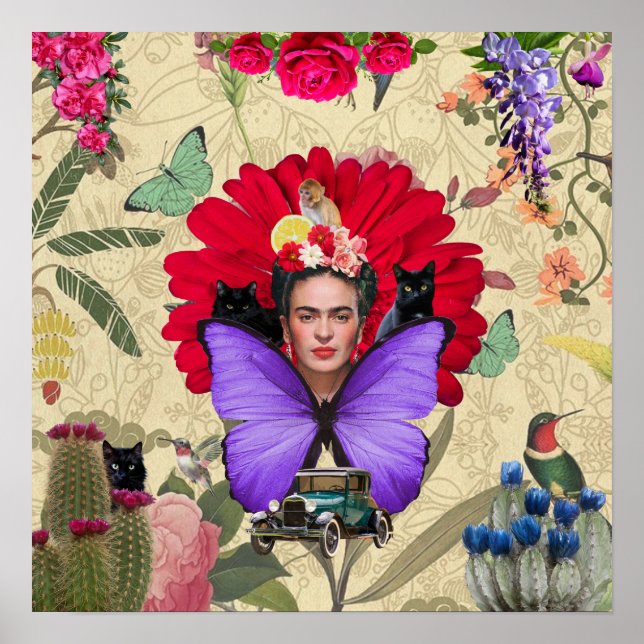 Poster Frida Kahlo Cat Monkey Colagem Floral Colorida (Frente)