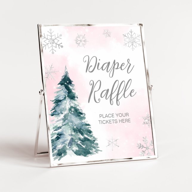 Poster Frio Frio Fora do Rosa, Fralda de inverno (Pink Silver Winter Baby Shower Diaper Raffle Sign)