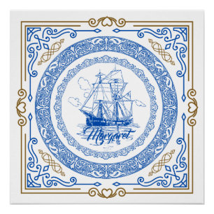 Pôster Fronteira decorativa de navio azul real antiga da 