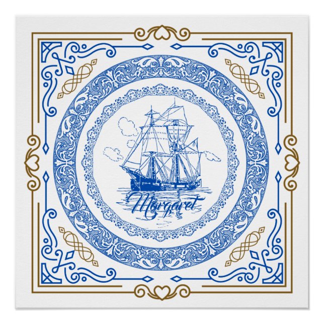 Pôster Fronteira decorativa de navio azul real antiga da  (Frente)