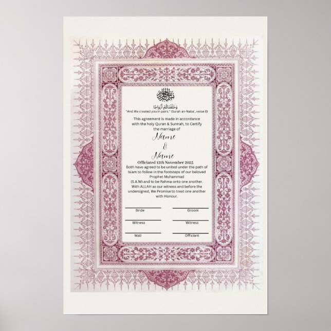 Poster Fronteira floral islâmica Certificado Nikkah (Frente)