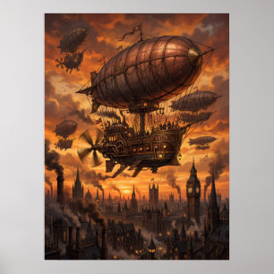 Poster Frota de Dirigíveis Steampunk Cidade Vitoriana Pôr