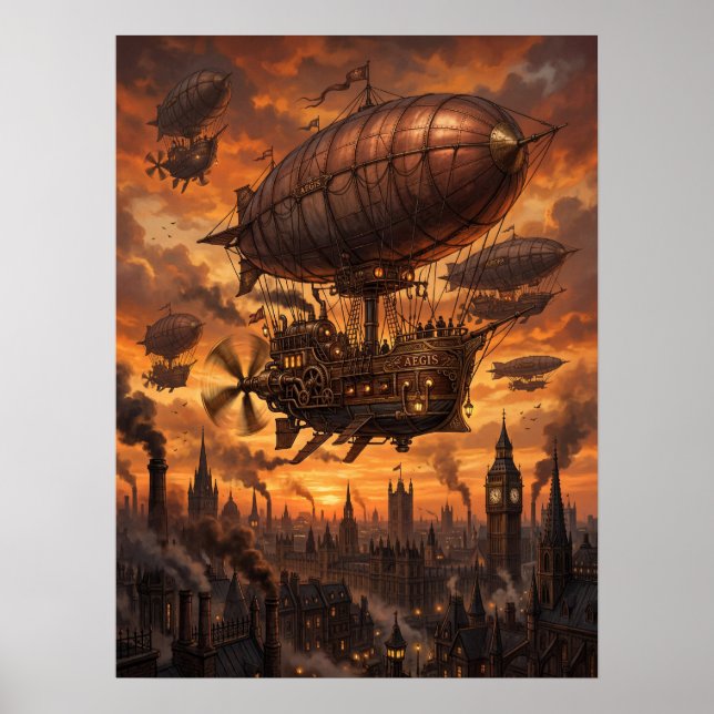 Poster Frota de Dirigíveis Steampunk Cidade Vitoriana Pôr (Frente)