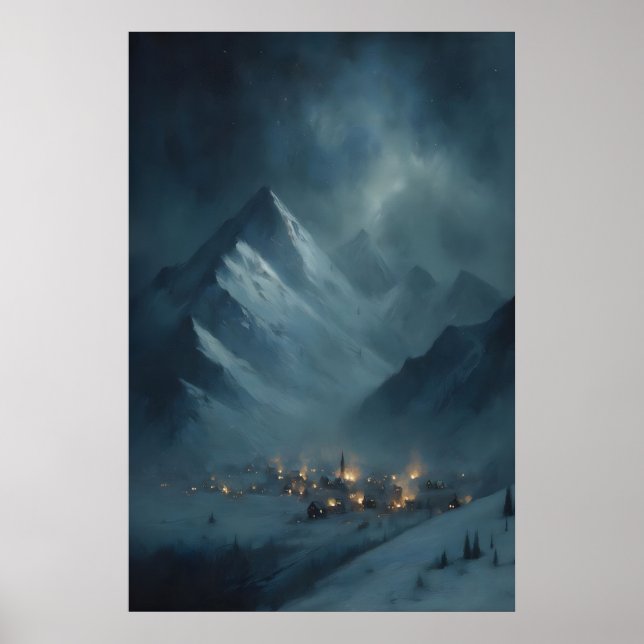 Poster Frozen Snowy Mountain Village Under Snowy Twilight (Frente)