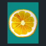 Poster fruta de limão de pop art corta a água original<br><div class="desc">Uma fatia de fruta de limão amarela,  bonita e colorida,  de uma pintura original do artista Sacha Grossel. Esta grande fruta do estilo pop é amarela e muito brilhante e colorida contra um fundo de cor azul personalizável. Quirky e original.</div>