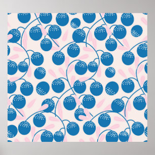 Poster Frutas azuis, folhas cor-de-rosa, design sem costu