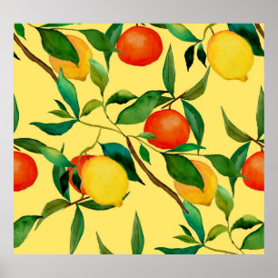 Poster Frutas de citros, padrão de aquarela vibrante.