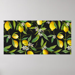 Poster Frutas de limão e flores em fundo escuro