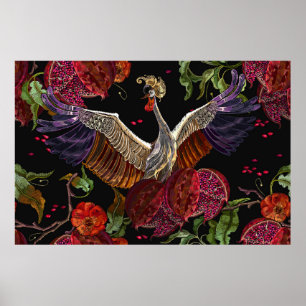 Poster Frutas de romã, aves-guindaste e aves selvagens