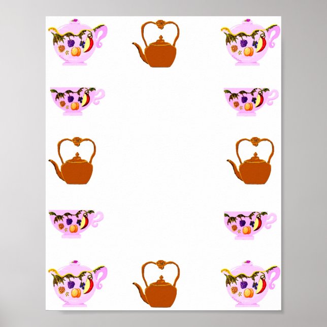 Poster Frutas E Folhas De Bule, Teacup E Chaleira De Cobr (Frente)