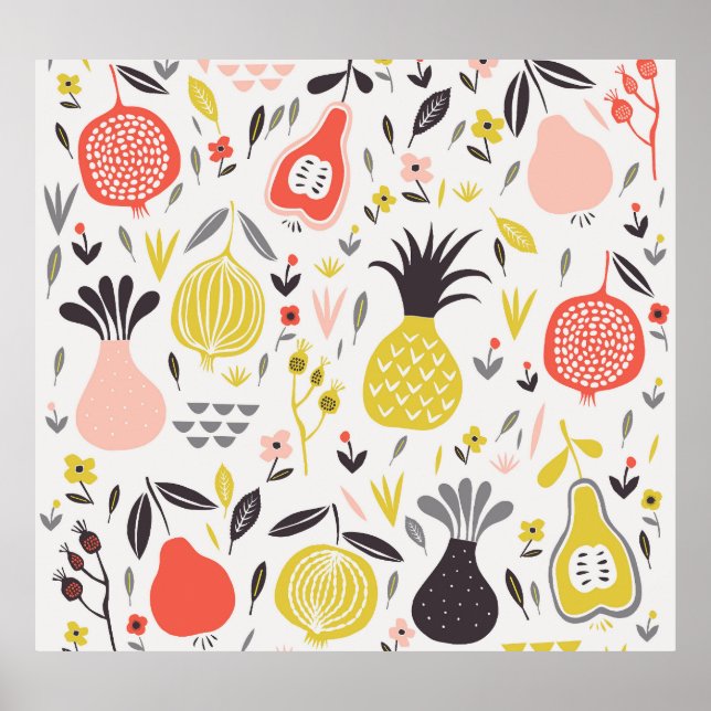 Poster Frutas, flores: padrão sem costura. (Frente)