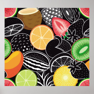 Poster Frutas tropicais coloridas, fundo preto.