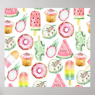 Poster Frutas tropicais de aquarela, padrão de sorvete.