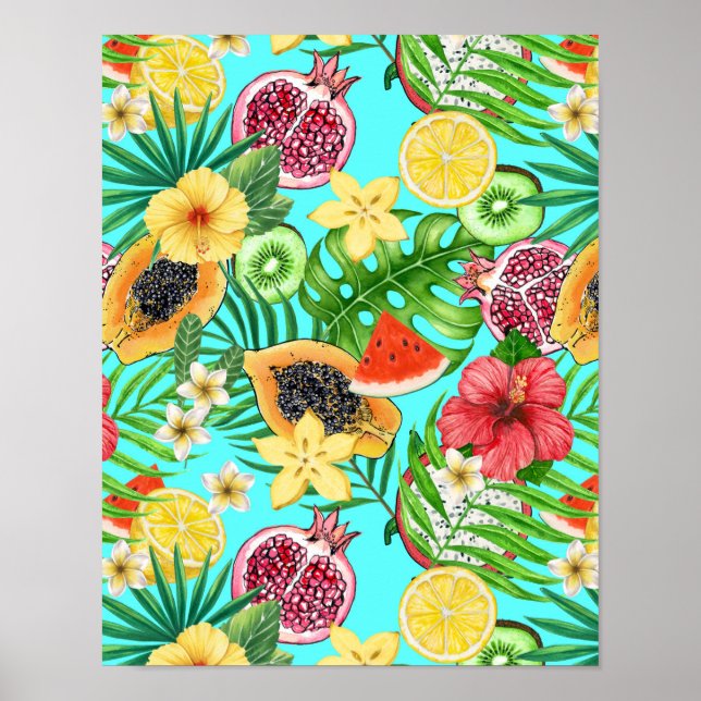 Poster Frutas tropicais, flores e folhas em azul (Frente)