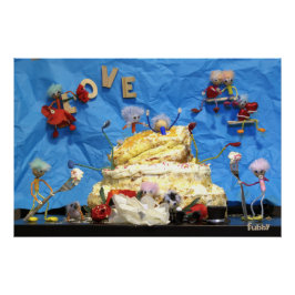 Pôster Fubby feest met taart en bruidspaar.