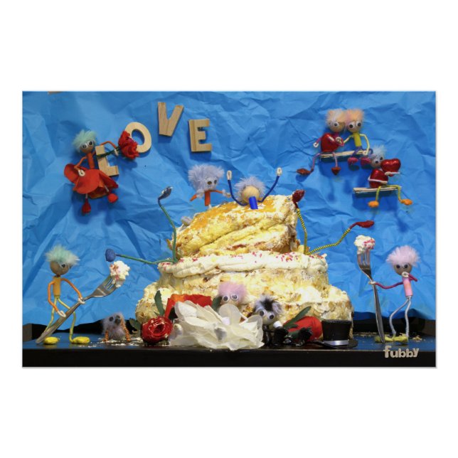 Pôster Fubby feest met taart en bruidspaar. (Frente)