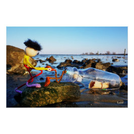 Pôster Fubby met flessenpost aan de kust.