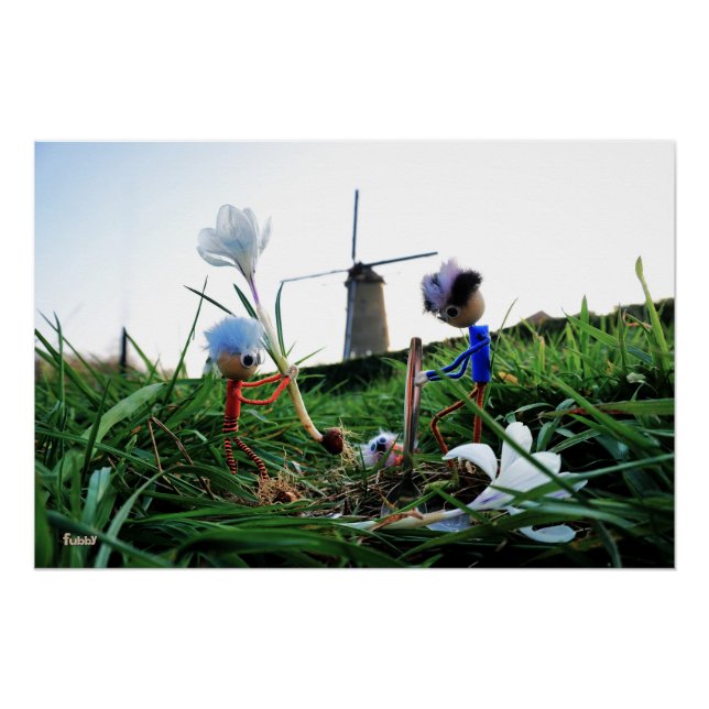 Pôster Fubby's bij een molen planten een krokus bol. (Frente)