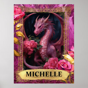 Poster Fuchsia Dragon e Rosas Fantasia Romântica