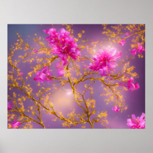 Poster Fuchsia e Florais Dourados