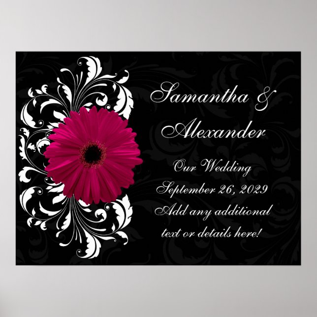Pôster Fuchsia Scroll Gerbera Daisy w/Black and White (Frente)
