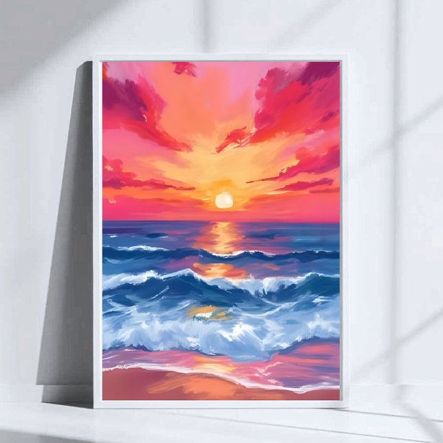 Poster Fuchsia Shore Sunset | Ocean Waves Watercolor (Criador carregado)
