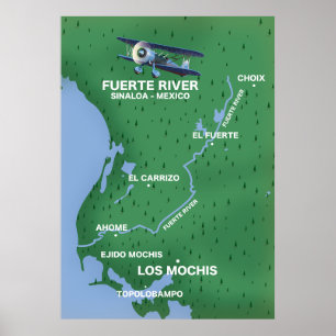 Poster Fuerte River Sinaloa, mapa da viagem do México