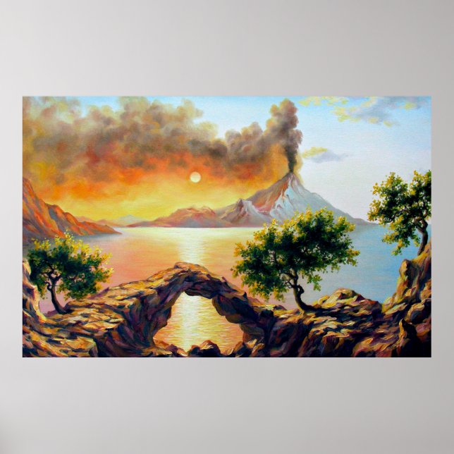 Poster Fuga com a erupção do vulcão, óleo ligado (Frente)