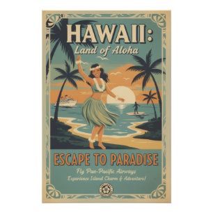 Pôster Fuga para o Paraíso Terrestre Havaiano Vintage