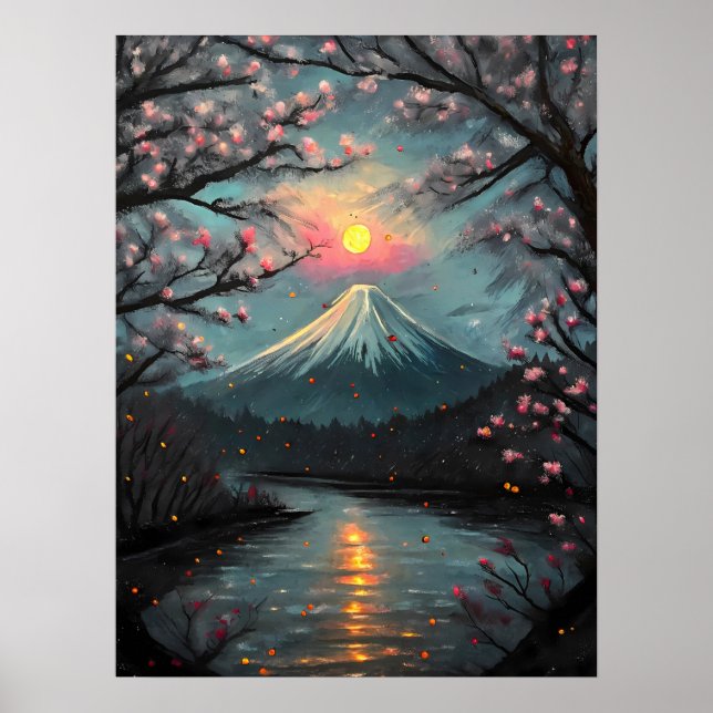 Poster  Fuji Sunset Cherry Blossom Mountain Art (Frente)