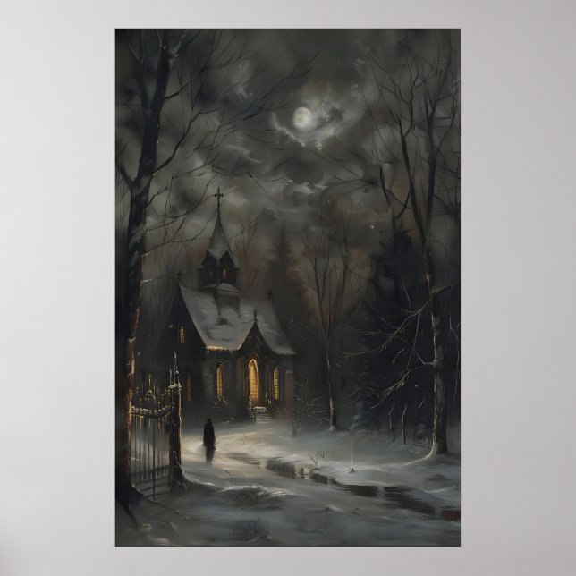 Poster Full Moon Church in Snow Art Print Dark Academia (Frente)
