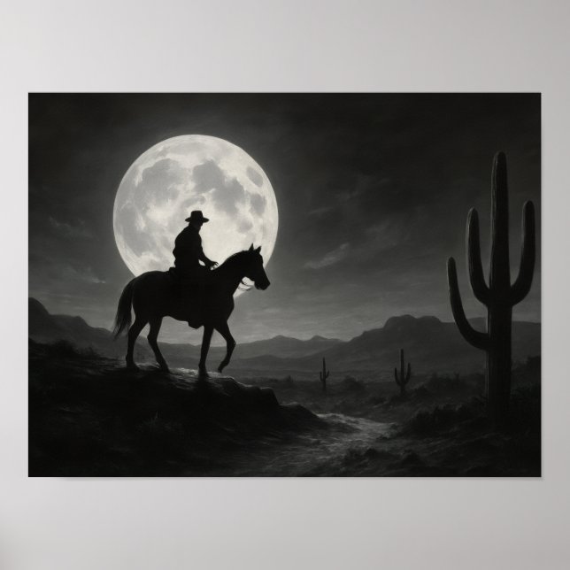 Poster Full Moon Desert Print - Silver Night Western (Frente)