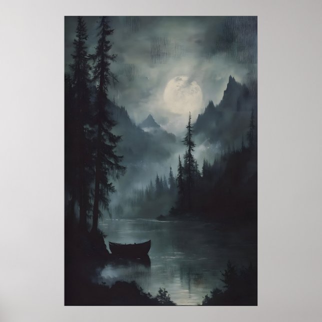 Poster Full Moon Mountain Lake Art Dark Woodland Moody (Frente)