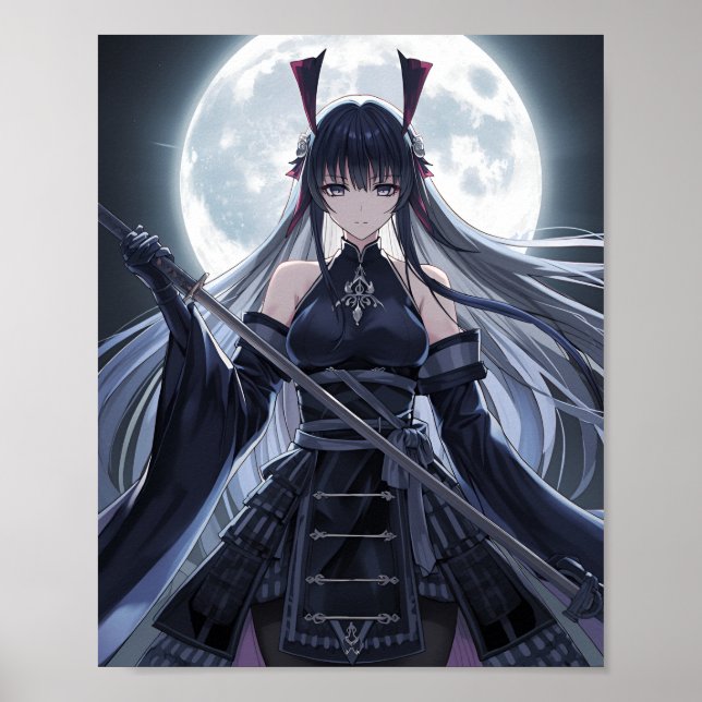 Poster Full Moon Samurai — Elegant Dark Anime Warrior Gir (Frente)