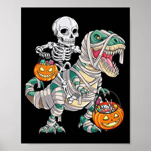 Poster Fun Skeleton Riding Mummy Dinosaur T rex Halloween (Frente)