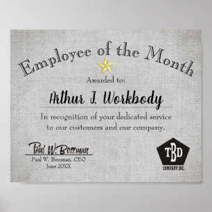 Poster Funcionário do certificado mensal Faux burlap star