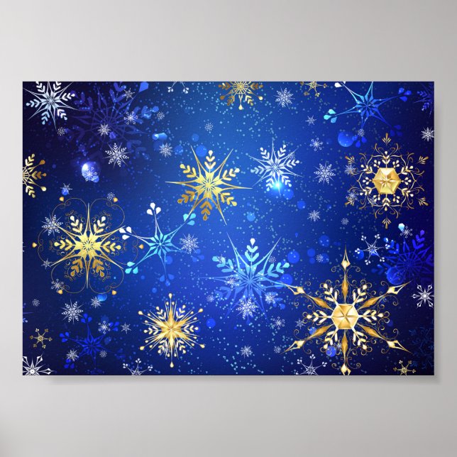 Poster Fundo Azul XMAS com Flocos de Neve Ouro (Frente)