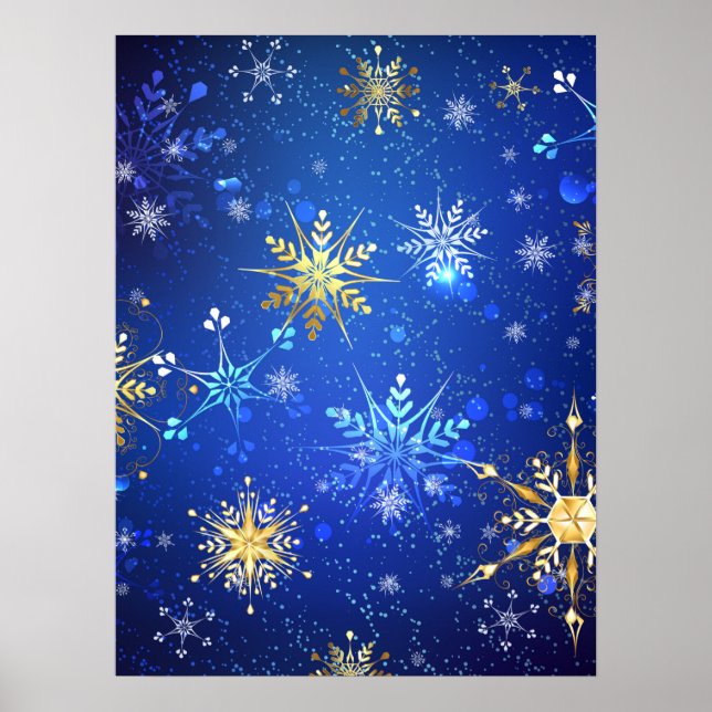 Poster Fundo Azul XMAS com Flocos de Neve Ouro (Frente)