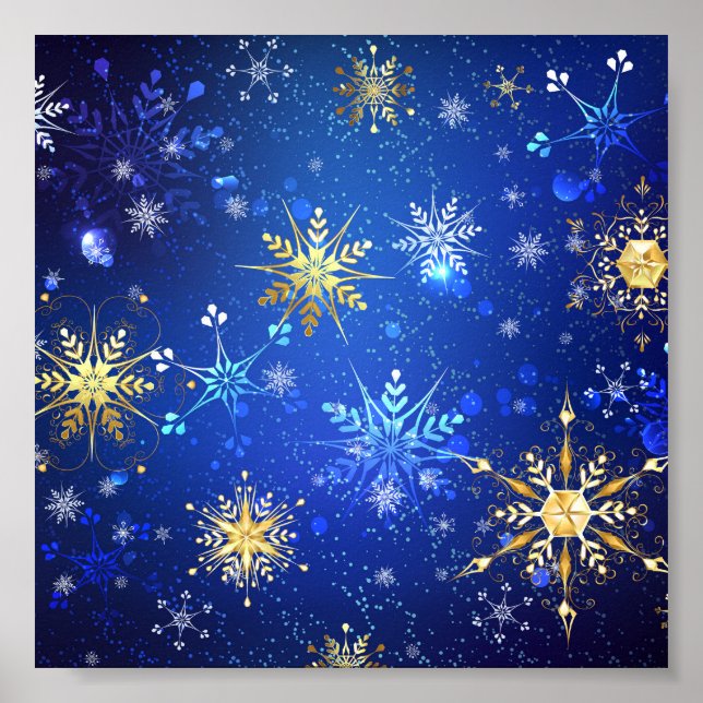 Poster Fundo Azul XMAS com Flocos de Neve Ouro (Frente)