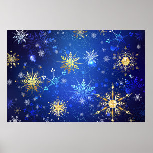 Poster Fundo Azul XMAS com Flocos de Neve Ouro