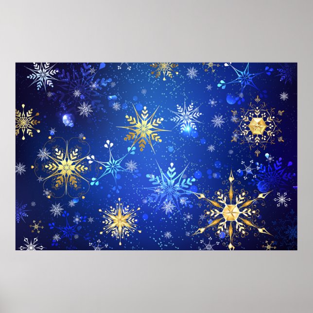 Poster Fundo Azul XMAS com Flocos de Neve Ouro (Frente)