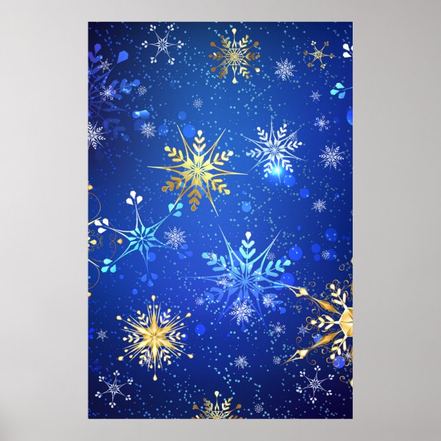 Poster Fundo Azul XMAS com Flocos de Neve Ouro (Frente)